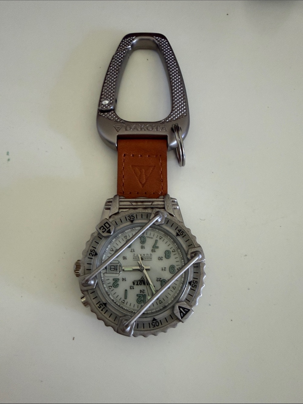 Men's Silver Compass Watch Keychain with Brown Leather Strap